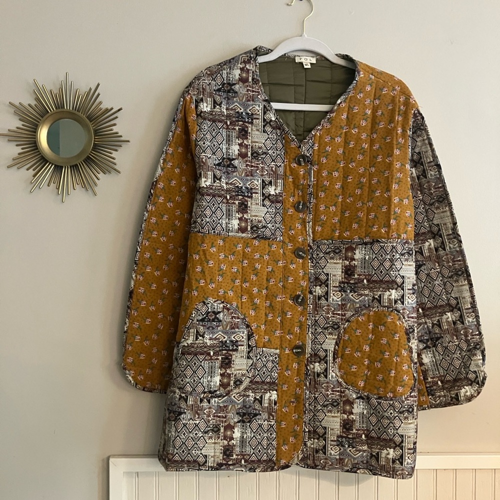 POL Patchwork Printed Jacket with Quilted Design and Insulated Warmth